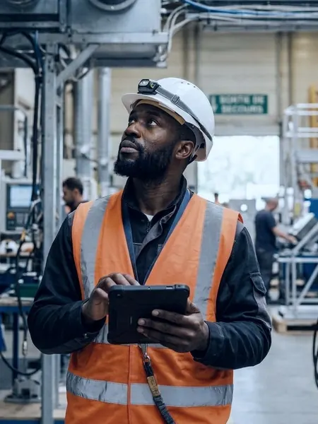 A technician in a hard hat and hi-vis vest checks a tablet in a factory