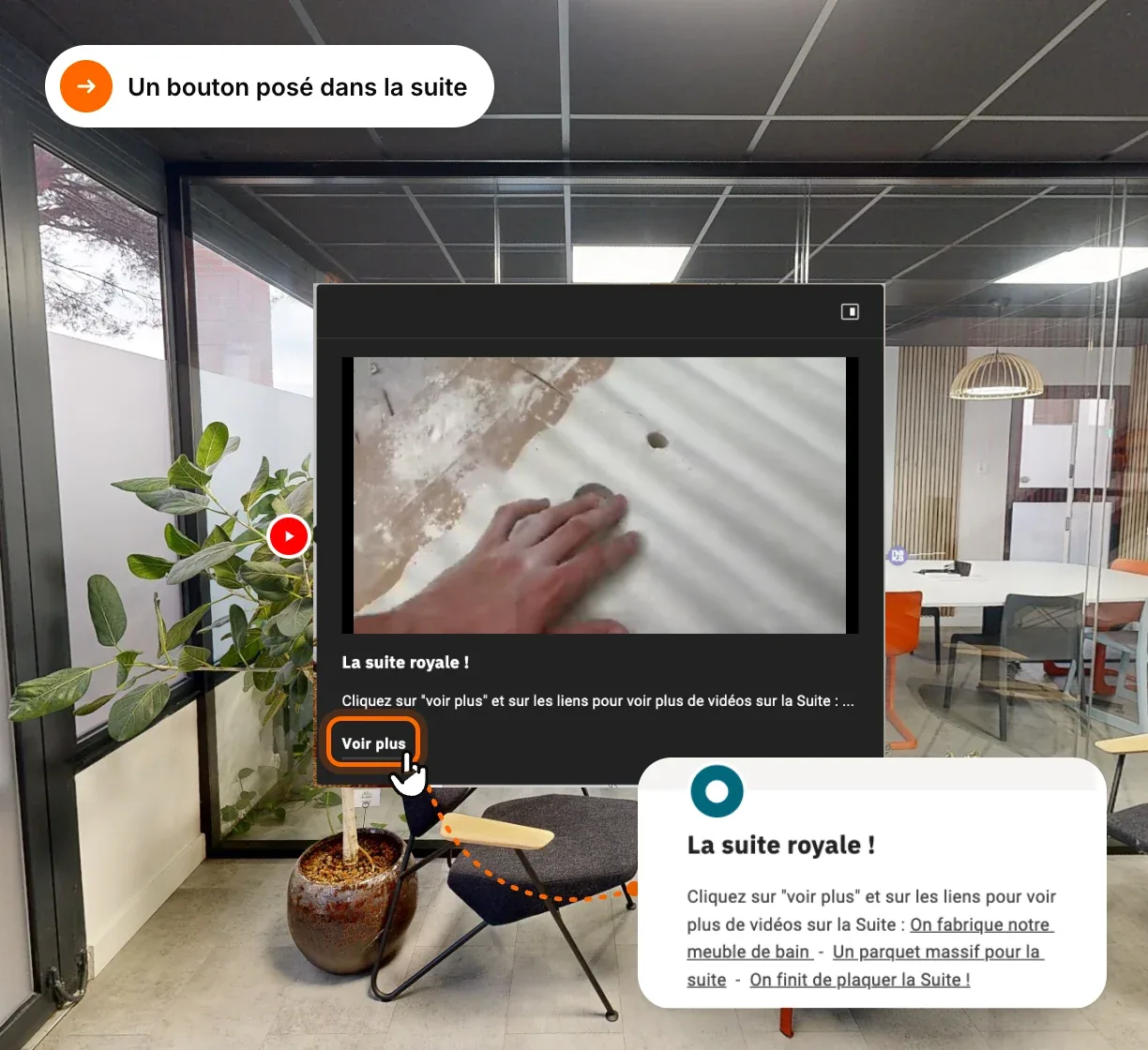 A ‘The royal suite!’ information point placed in a glass-walled workspace, with its ‘See more’ button