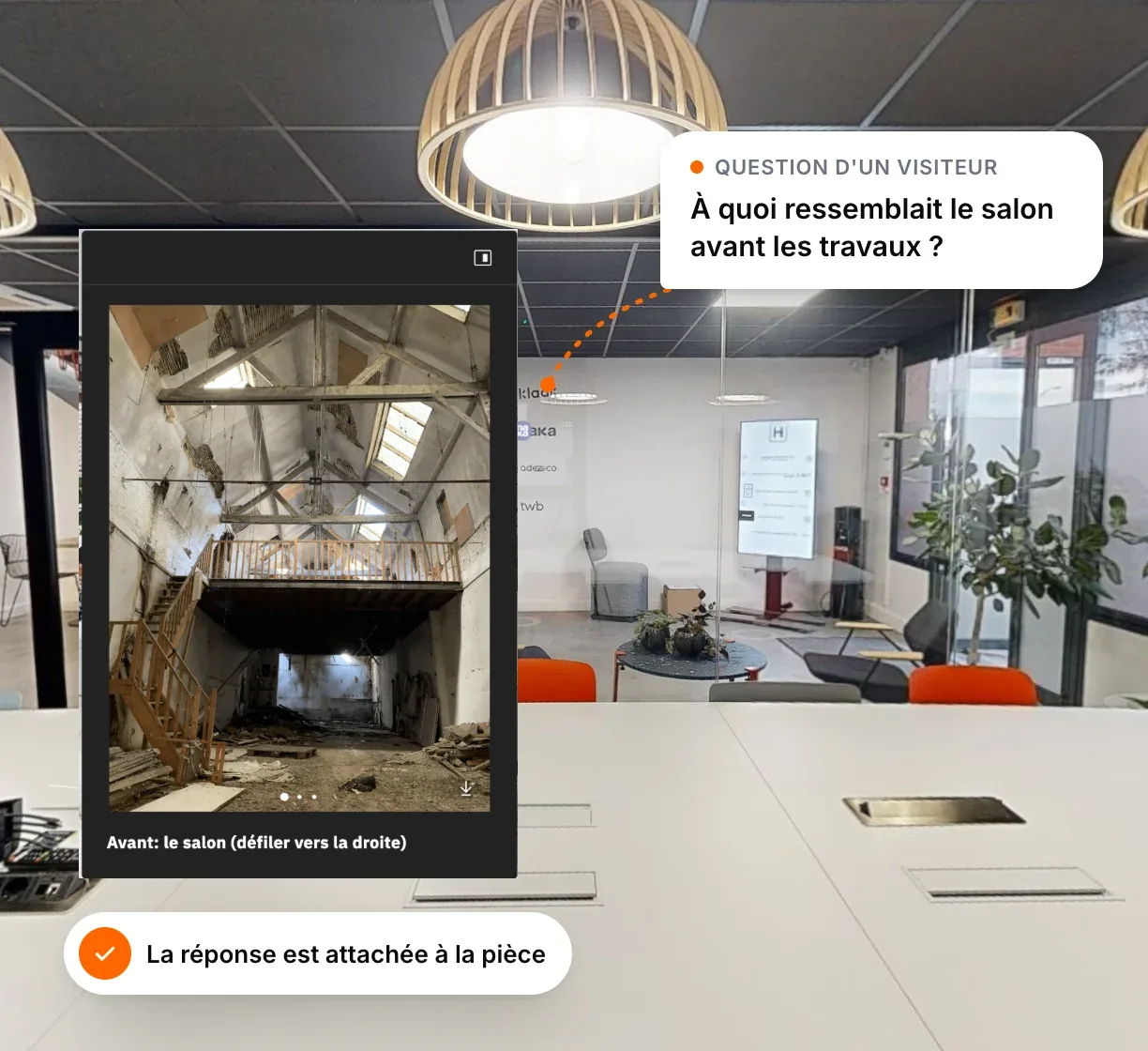 In an open-plan area of the tour, a visitor asks what the room looked like before the works; the ‘Before: the living room’ information point answers with the photo