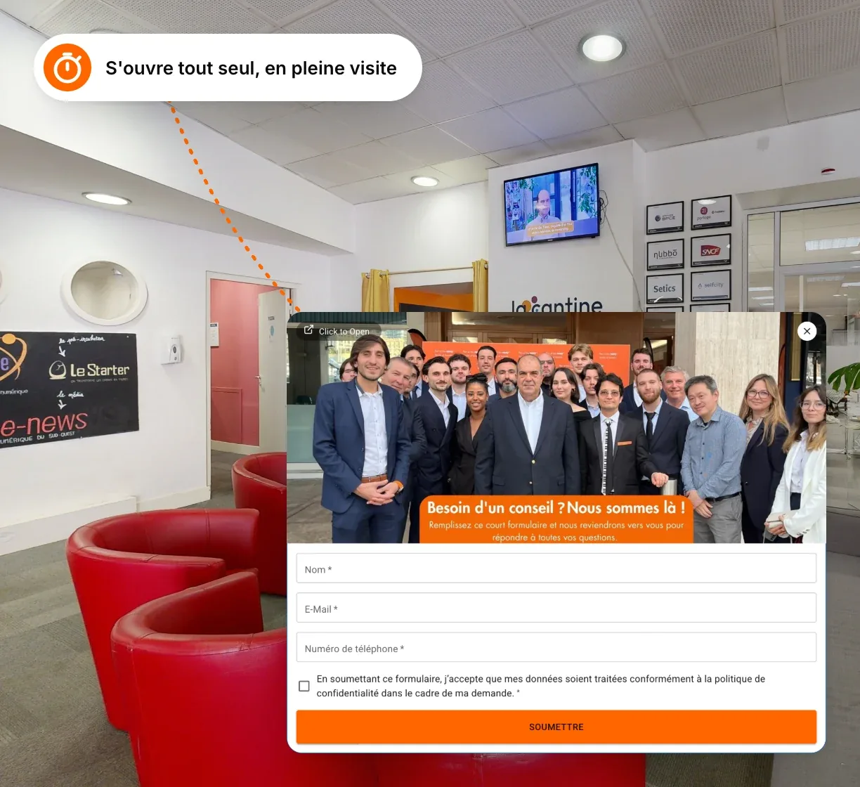 The form ‘Need some advice? We’re here!’ opens by itself mid-tour, in the reception hall of a coworking space