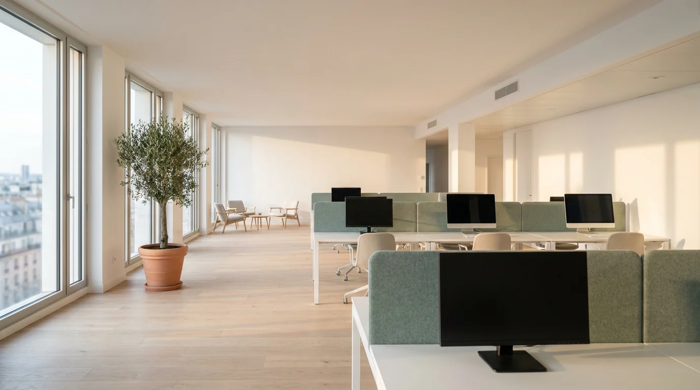 Open space lumineux avec postes de travail et salle de réunion vitrée