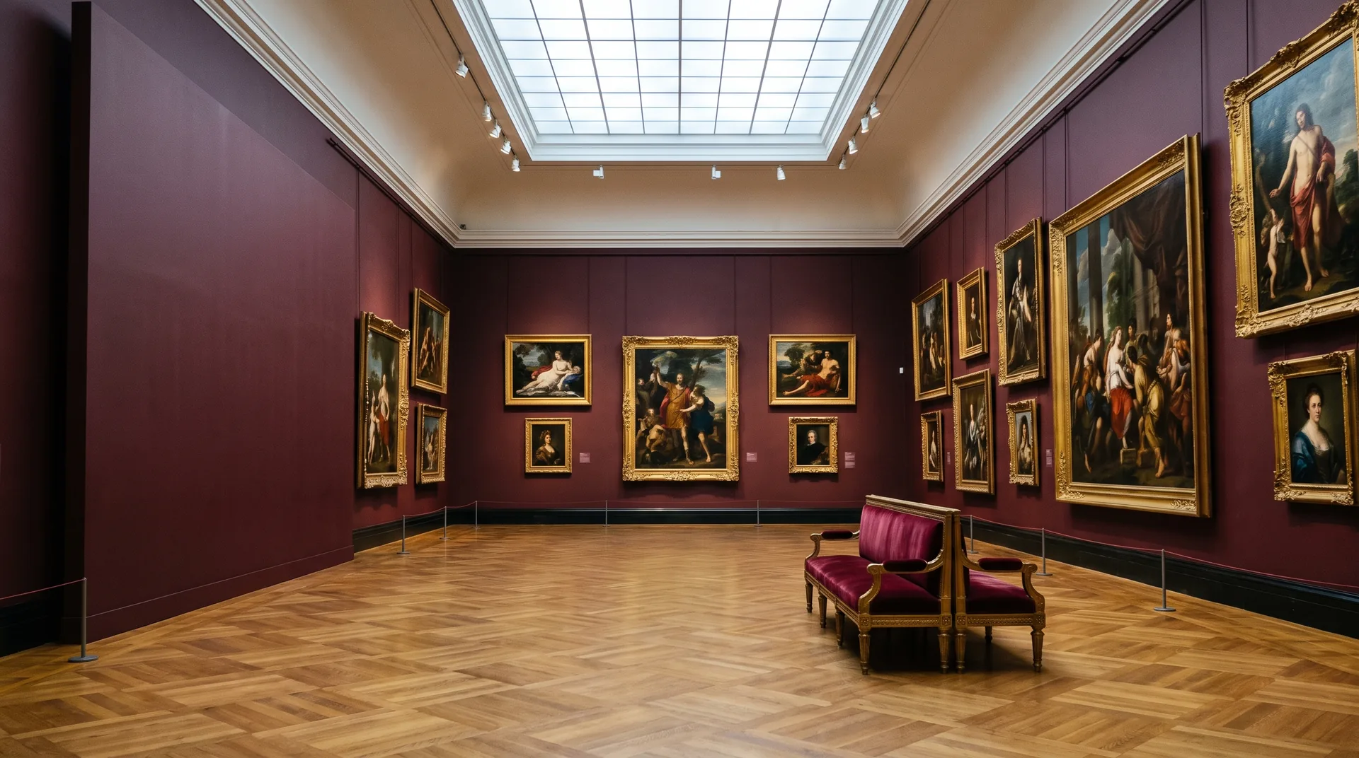 Salle d'exposition d'un musée, œuvres accrochées sur cimaise