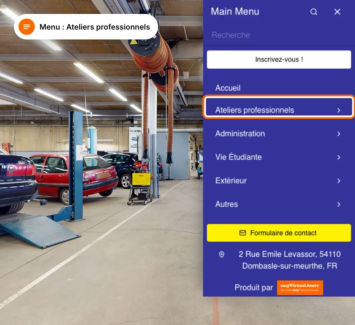 Menu de la visite d'un lycée des métiers ouvert sur « Ateliers professionnels », à côté de l'atelier automobile