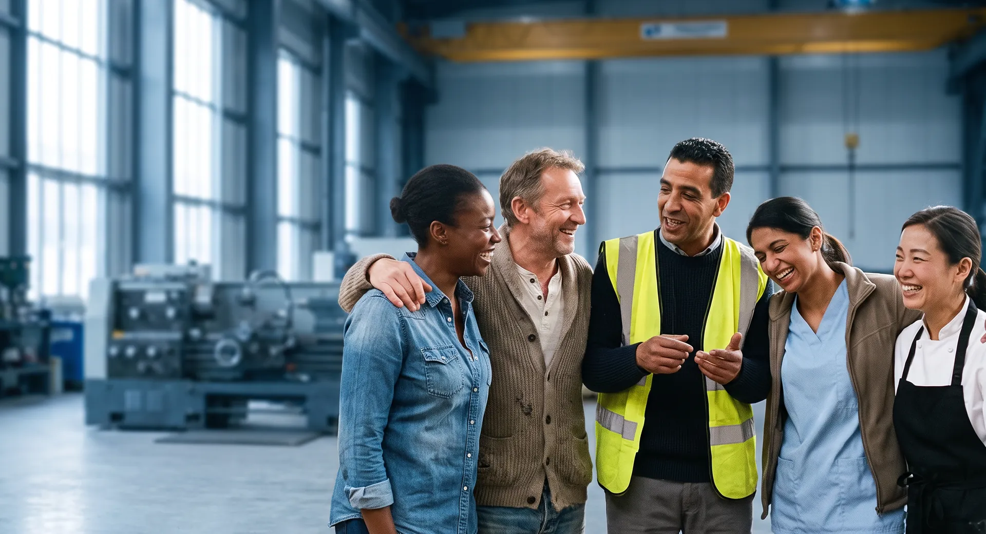 Five professionals from different trades gathered in an industrial workshop