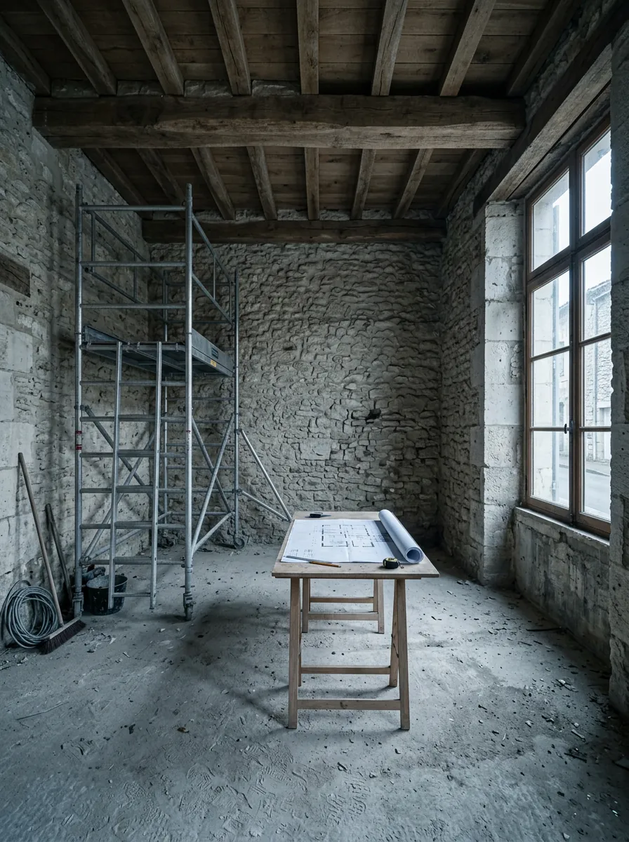 A stone room under renovation, with scaffolding and plans laid out on a table