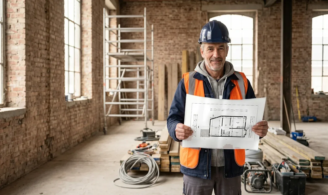 Chef de chantier casqué tenant un plan dans un bâtiment en rénovation