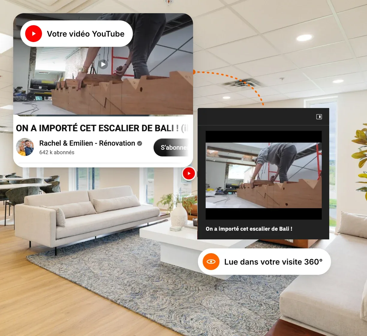 La vidéo YouTube « On a importé cet escalier de Bali ! » de Rachel & Emilien, lue dans un point d'information d'un salon d'accueil en visite 360°