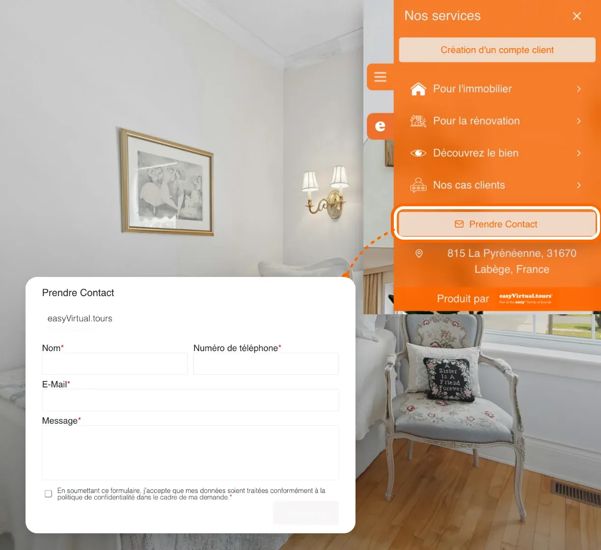 Dans une chambre de la visite, le bouton « Prendre Contact » du menu ouvre le formulaire de contact sans quitter la visite