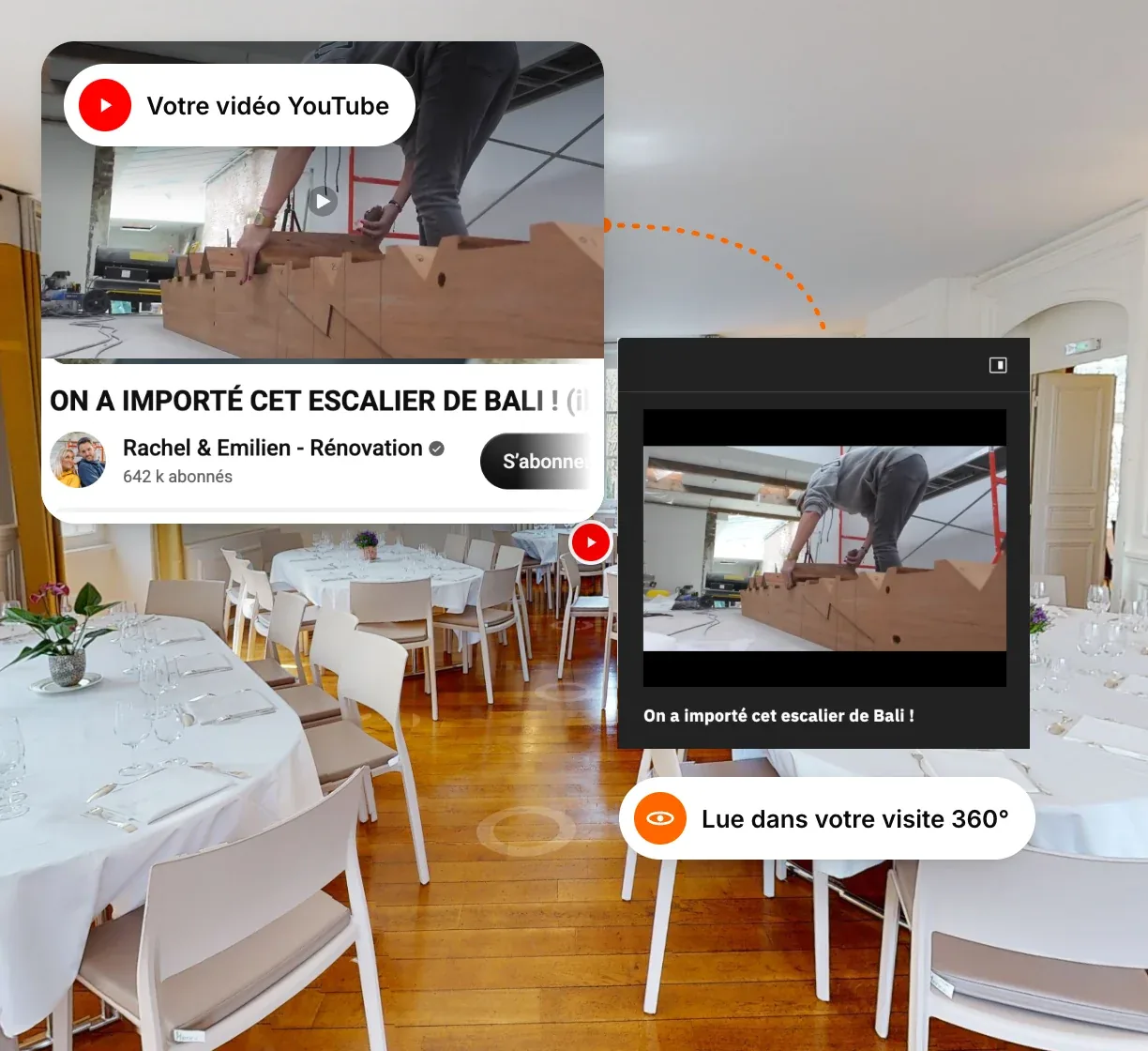 La vidéo YouTube « On a importé cet escalier de Bali ! » de Rachel & Emilien, lue dans un point d'information d'une salle de réception en visite 360°