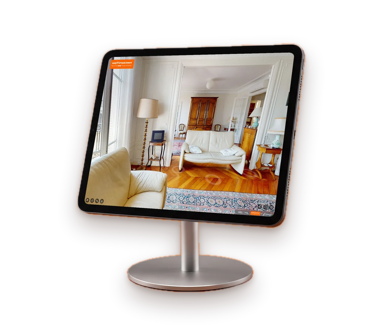 Tablet on a stand showing a virtual tour