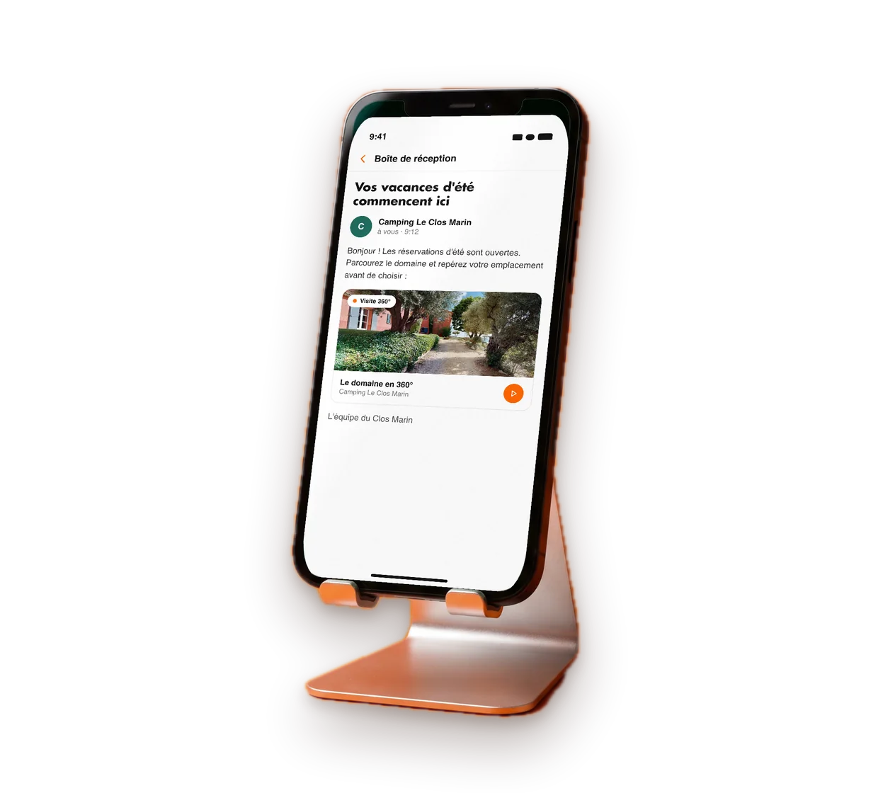 Smartphone affichant un e-mail qui contient le lien de la visite virtuelle