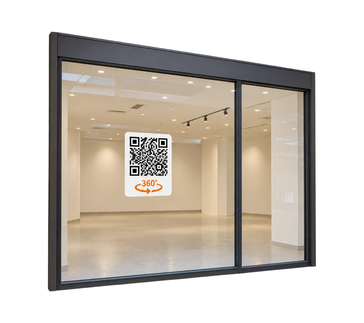 Vitrine d'une cellule vacante de centre commercial portant un QR code vers la visite 360°