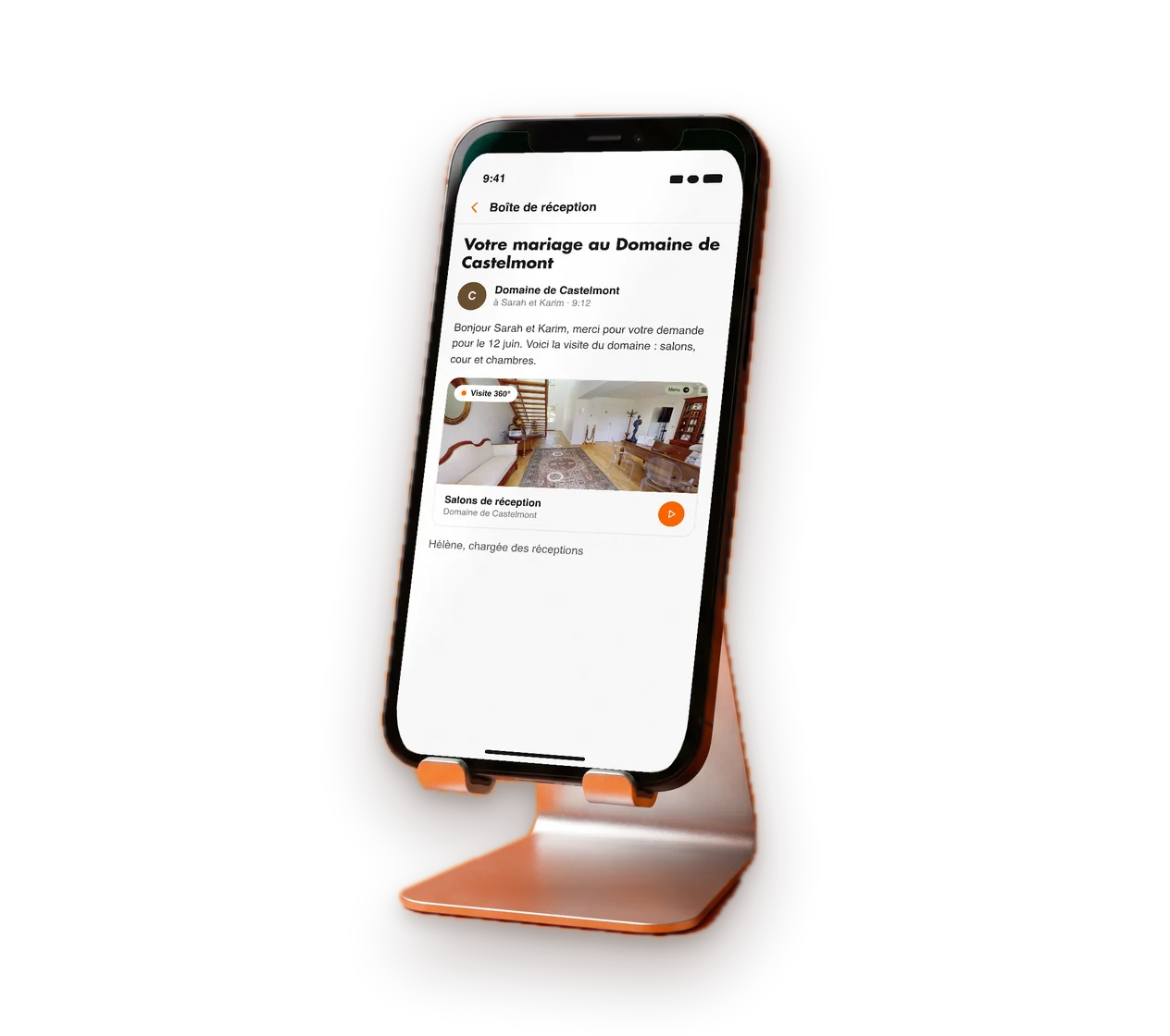 Smartphone affichant un e-mail qui contient le lien de la visite virtuelle