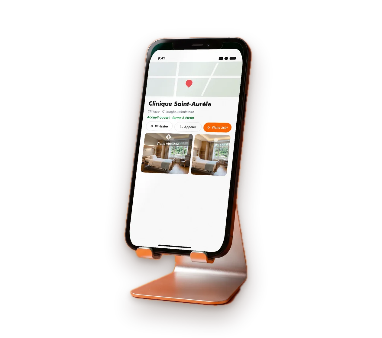 Smartphone showing a business listing with its 360° tour