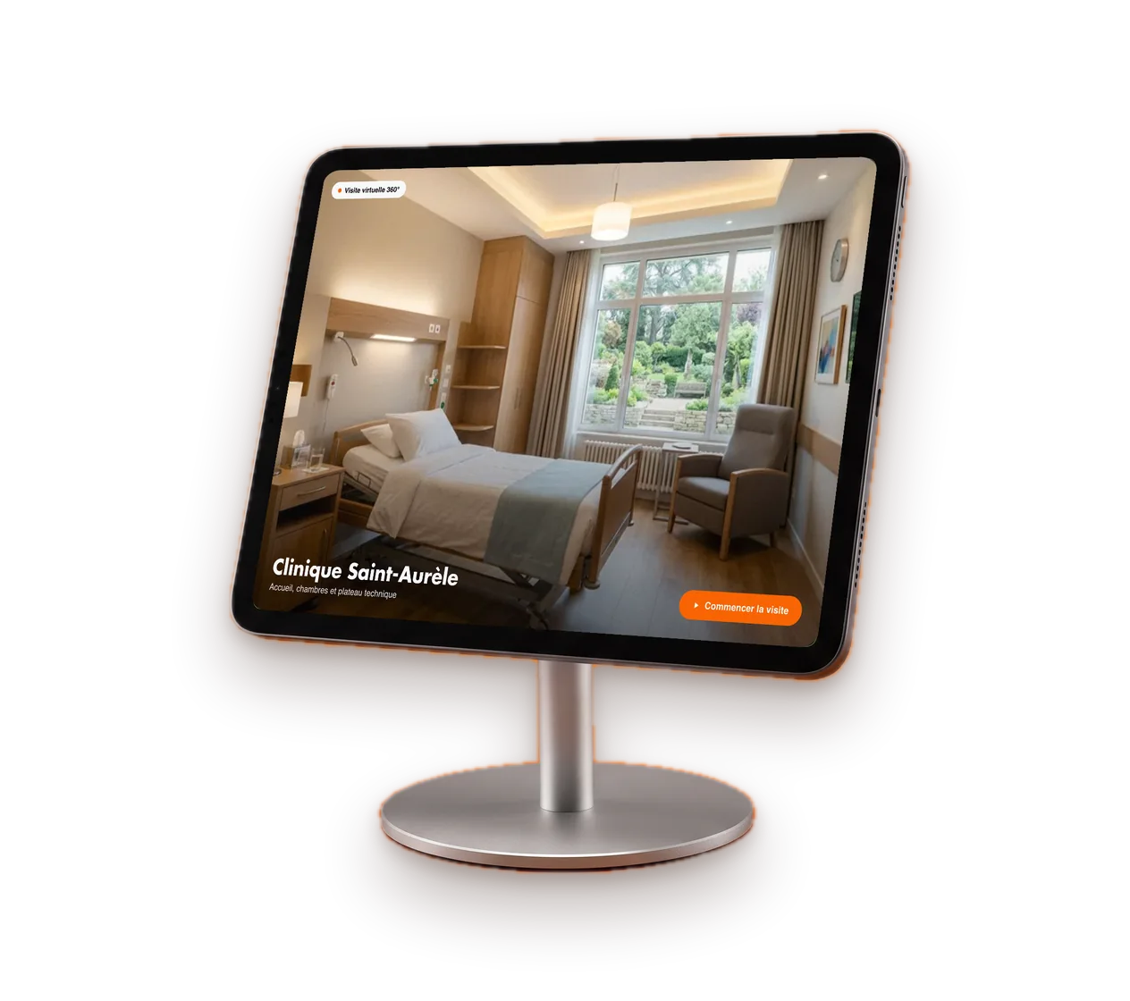 Tablet on a stand showing a virtual tour