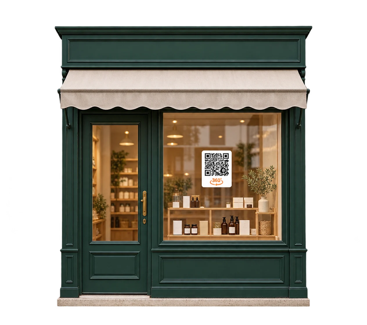 Devanture de boutique de quartier dont la vitrine porte un QR code vers la visite 360°