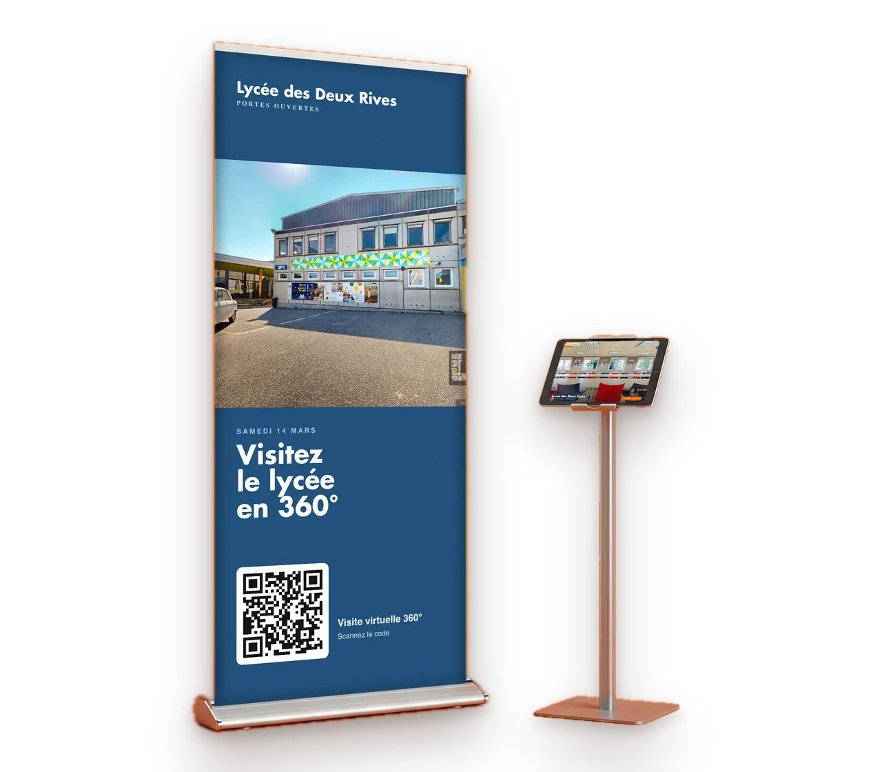 Trade show roll-up banner with a QR code, next to a tablet on a stand showing the tour