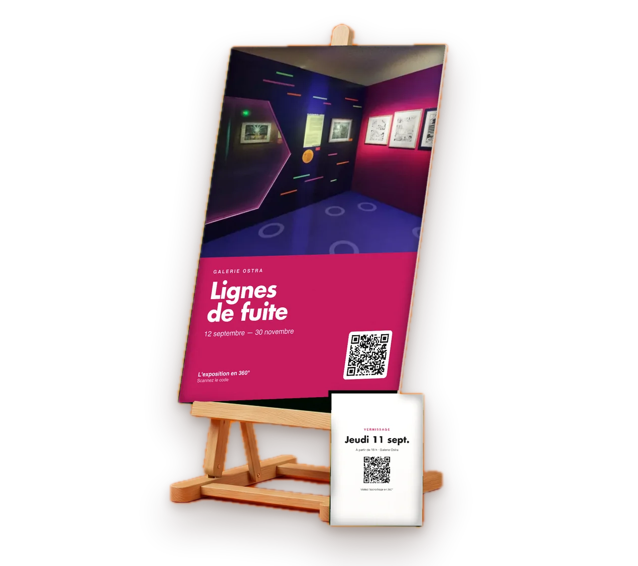 Affiche et carton imprimés avec un code QR vers la visite virtuelle