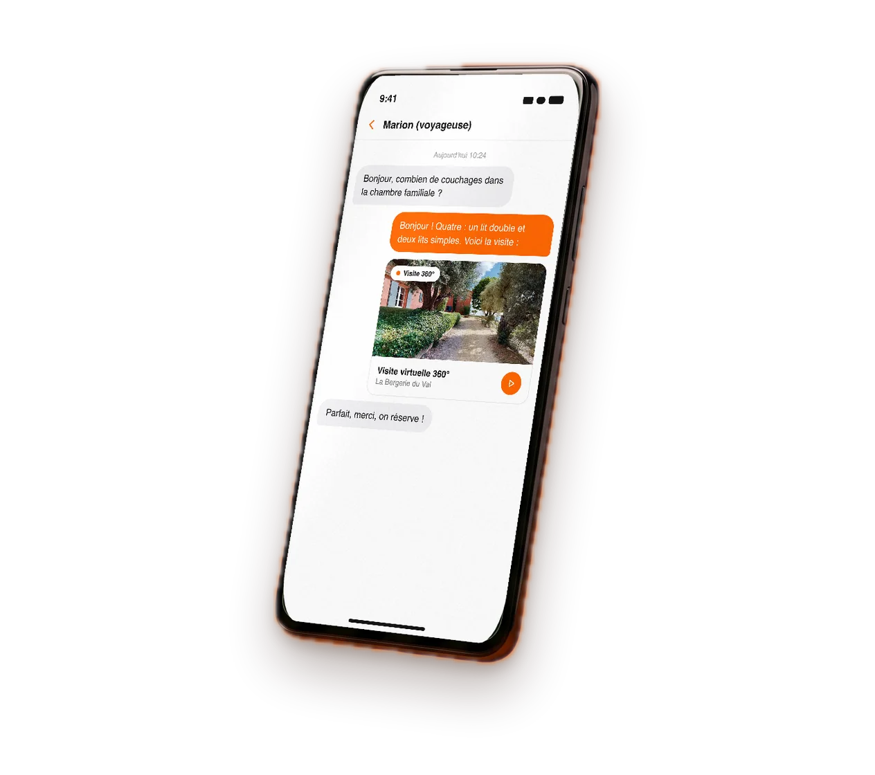 Smartphone affichant une conversation où le lien de la visite est partagé