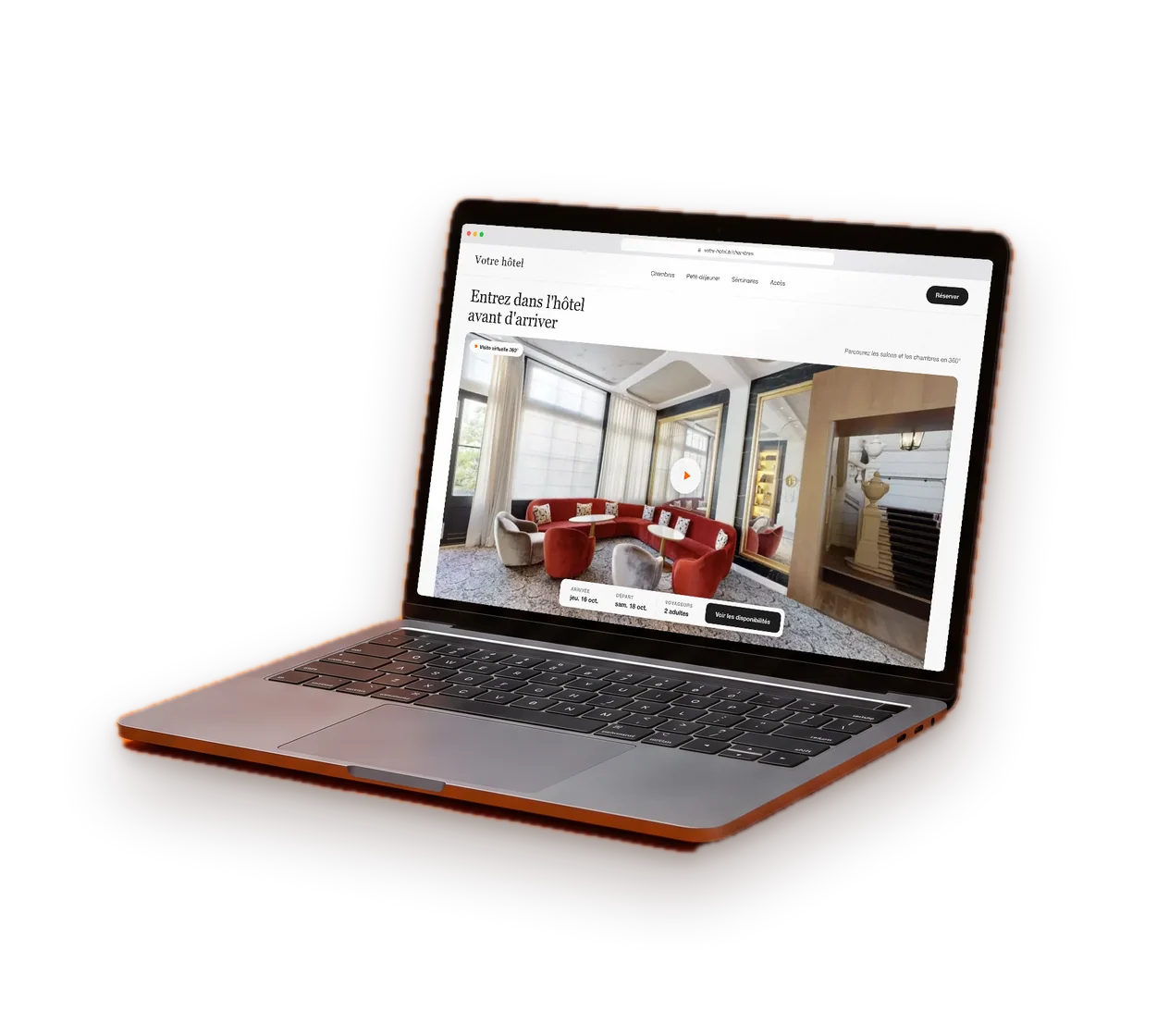 Ordinateur portable affichant le site d'un établissement avec sa visite virtuelle intégrée