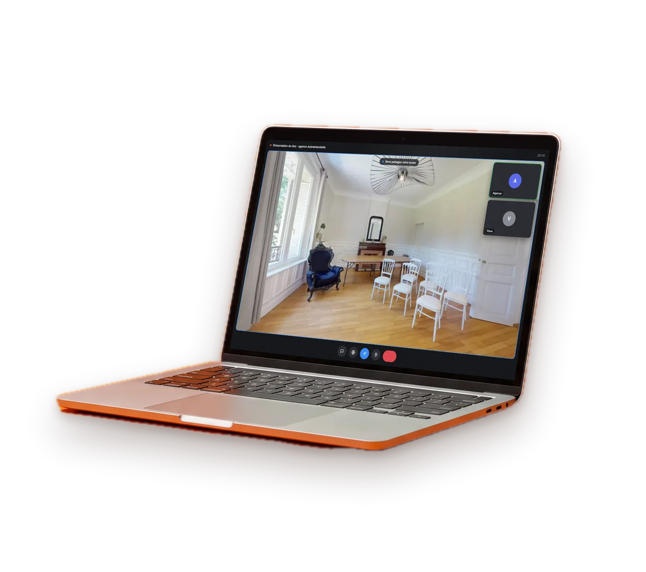 Laptop on a video call, with the virtual tour shared on screen