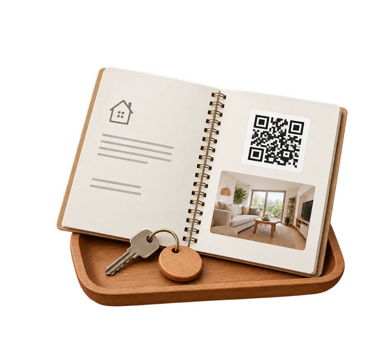 Welcome booklet open on a tray, with the virtual tour’s QR code and the keys to the property