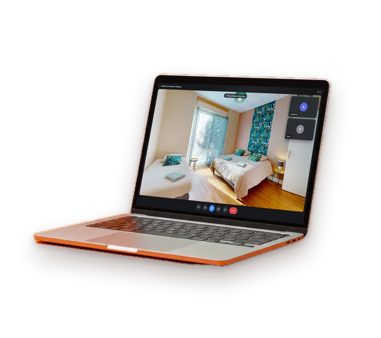 Ordinateur portable en visioconférence, la visite virtuelle en partage d'écran