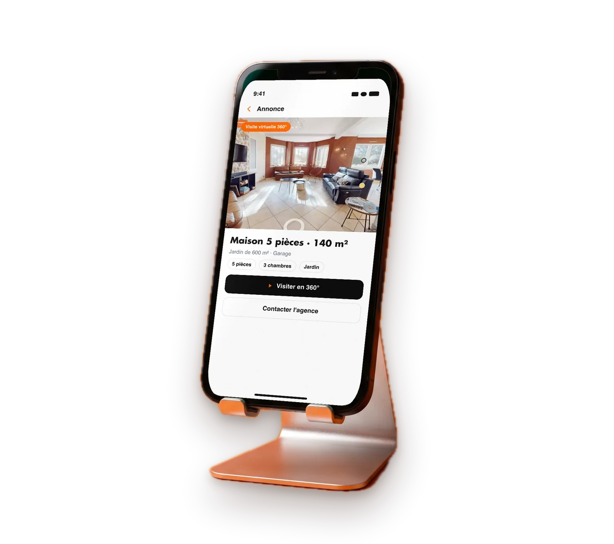 Smartphone affichant une annonce avec son bouton « Visiter en 360° »