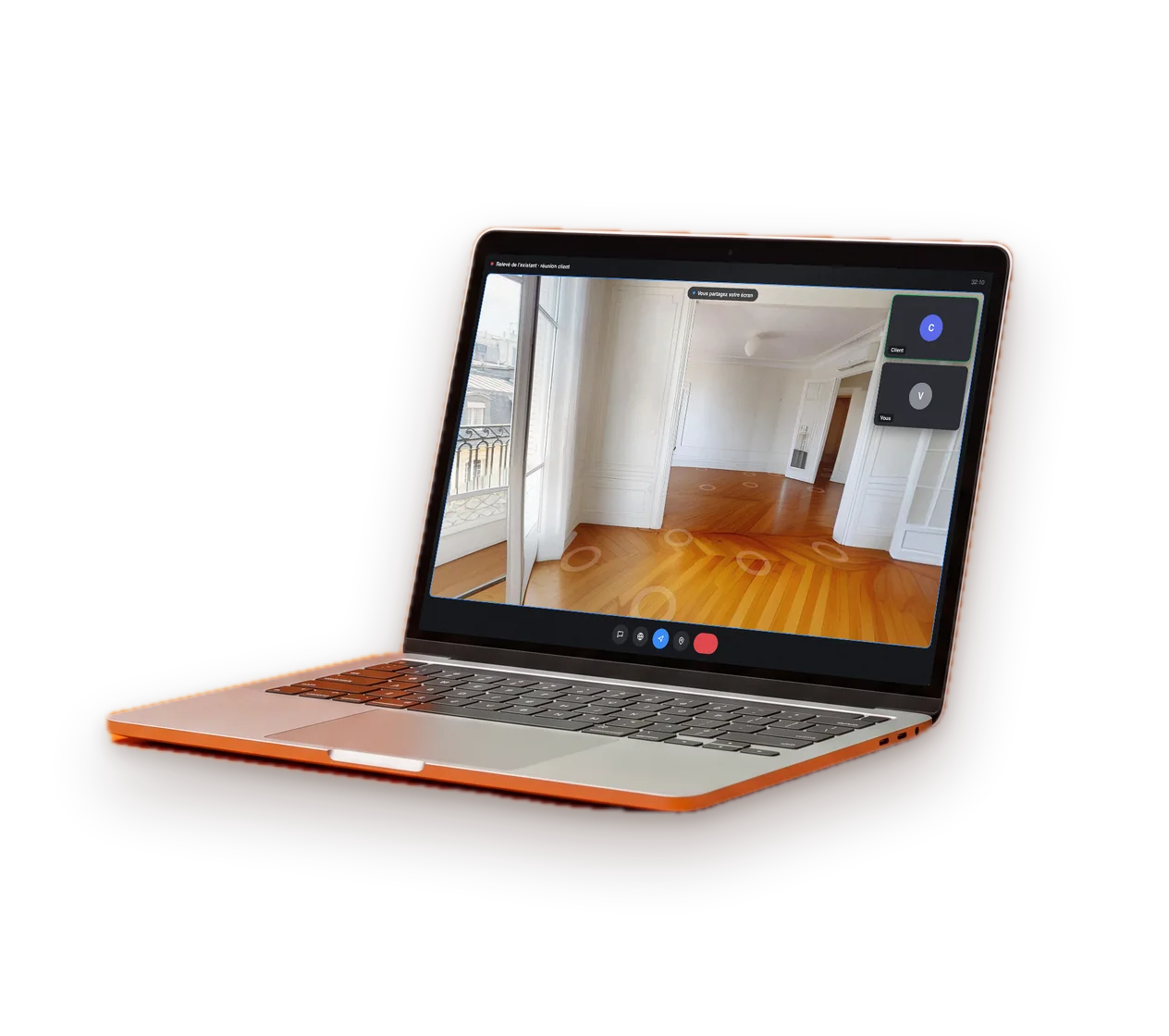 Ordinateur portable en visioconférence, la visite virtuelle en partage d'écran