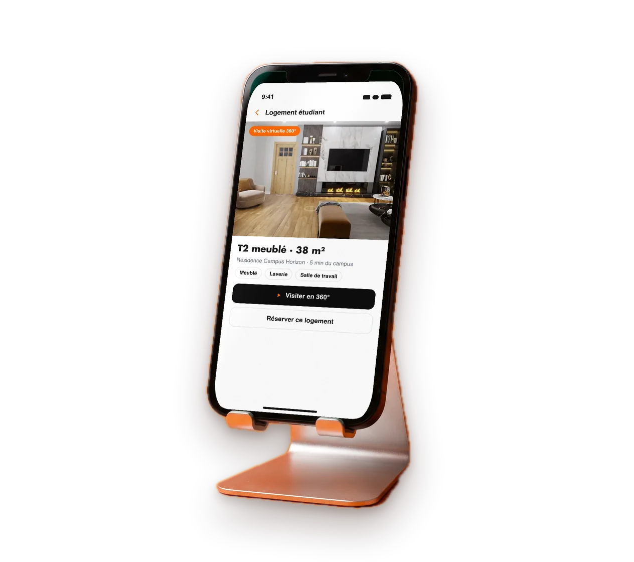 Smartphone affichant une annonce avec son bouton « Visiter en 360° »