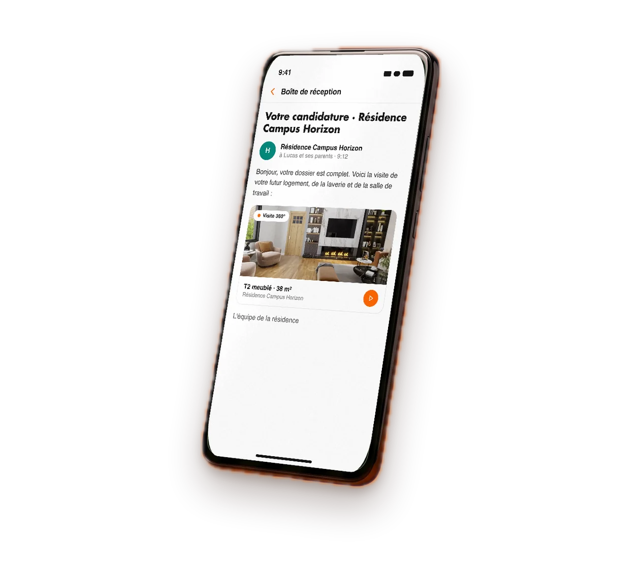 Smartphone affichant un e-mail qui contient le lien de la visite virtuelle