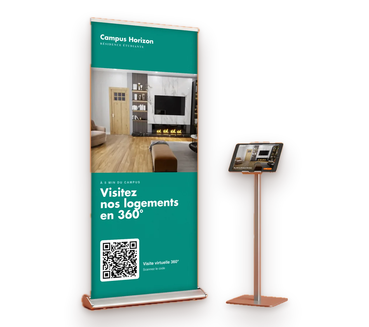Kakémono de salon avec un code QR, à côté d'une tablette sur pied affichant la visite