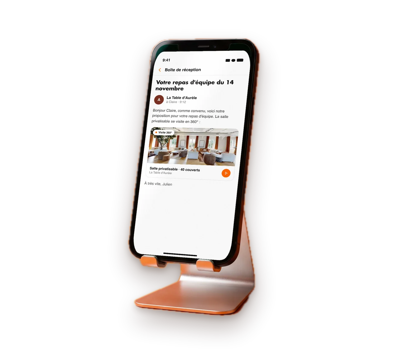 Smartphone affichant un e-mail qui contient le lien de la visite virtuelle