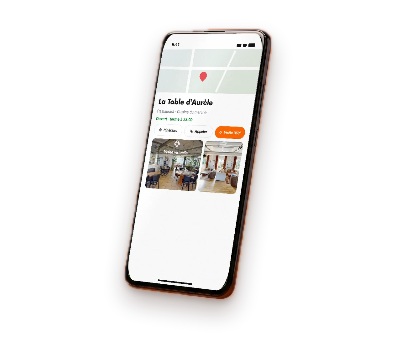 Smartphone affichant une fiche d'établissement avec sa visite 360°