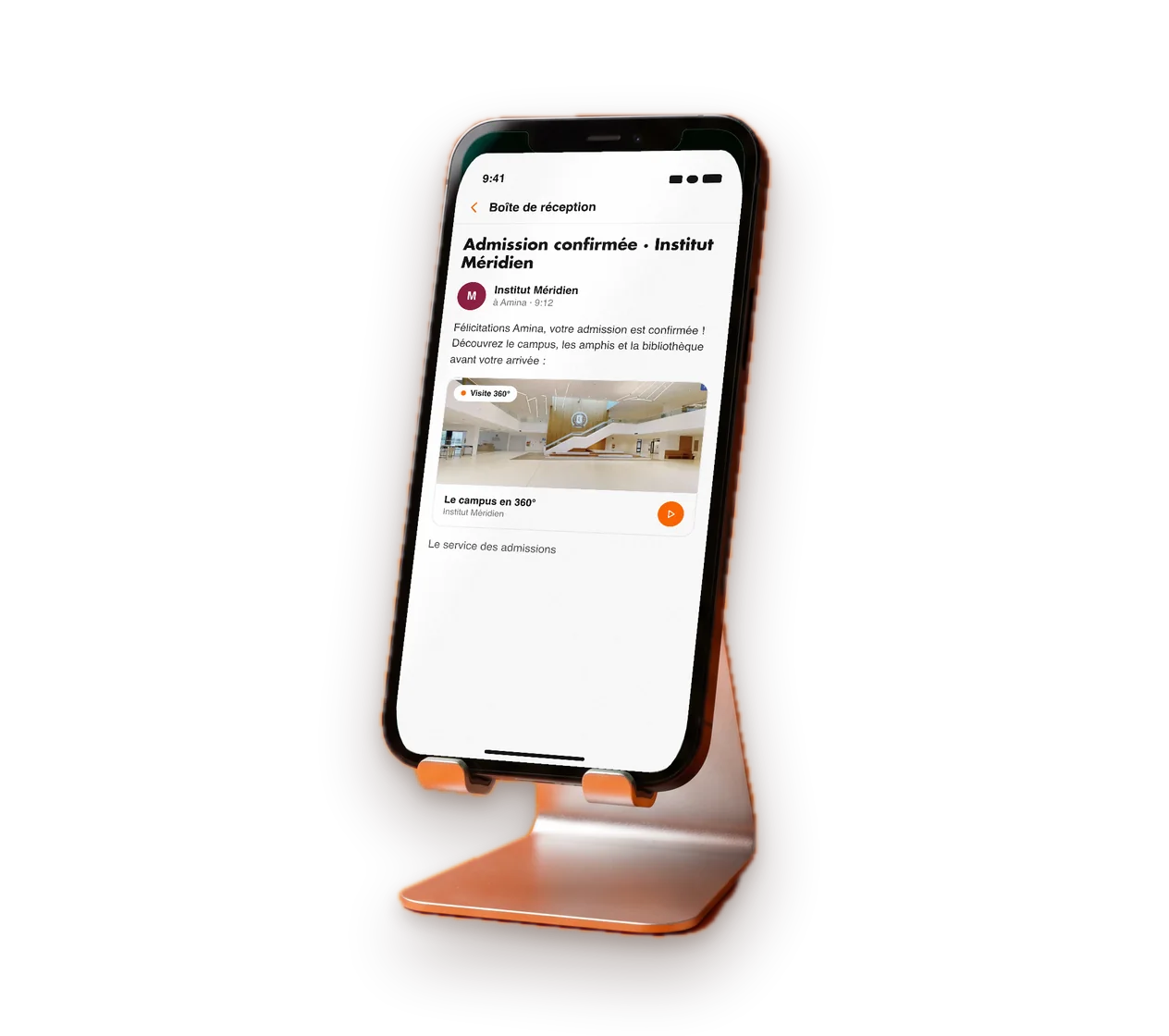 Smartphone affichant un e-mail qui contient le lien de la visite virtuelle