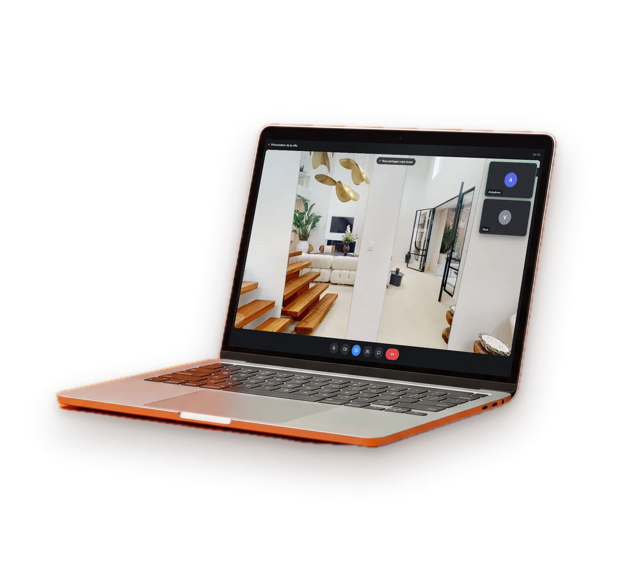 Ordinateur portable en visioconférence, la visite virtuelle en partage d'écran
