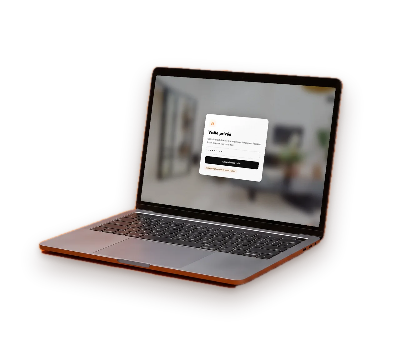 Ordinateur portable affichant une visite virtuelle protégée par mot de passe