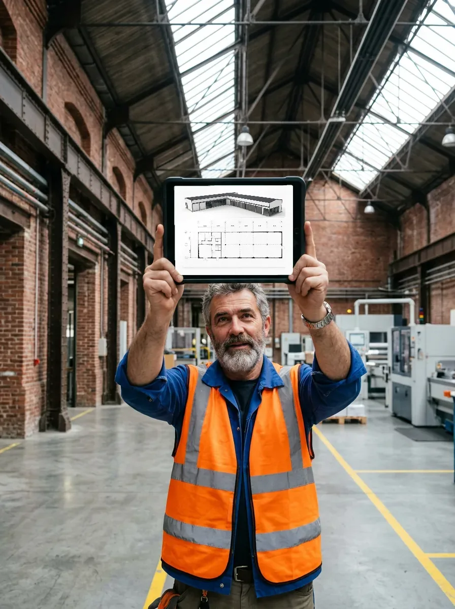 Technician in an industrial workshop holding up a tablet showing the building's BIM model